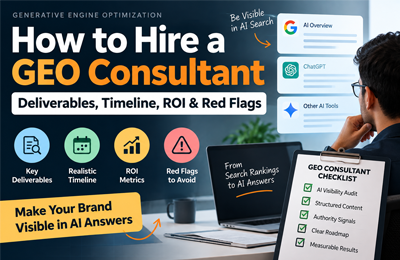 Business owner reviewing GEO consultant deliverables and AI search visibility checklist