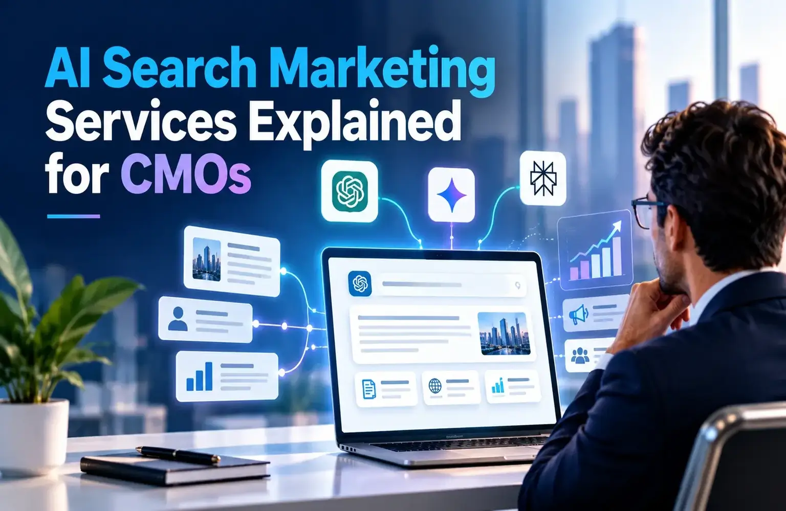 AI search marketing services illustration showing AI-powered search results and brand visibility