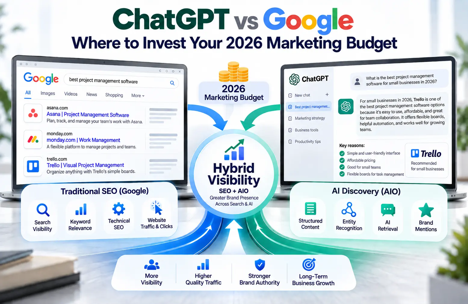 ChatGPT vs Google comparison showing SEO, AIO, and hybrid visibility for 2026 marketing